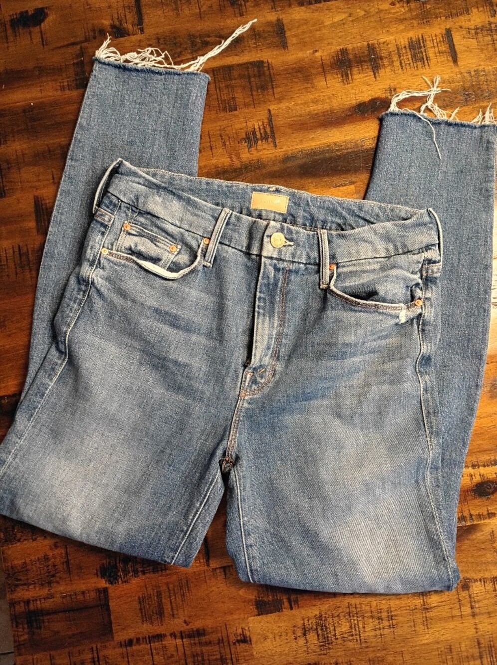 MOTHER Light Blue Skinny Jeans with Frayed Hem